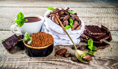 Different conditions of cocoa. Various cocoa - beans, beans, ground, crushed cocoa powder,...