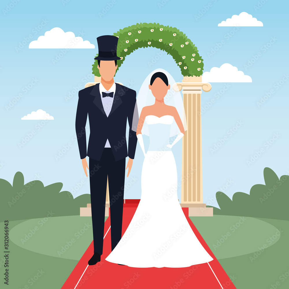 Sticker groom and bride standing over floral arch and landscape background