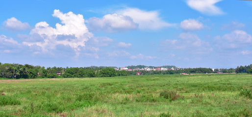 Landscape image of a meadow with beautiful sky with clouds in India