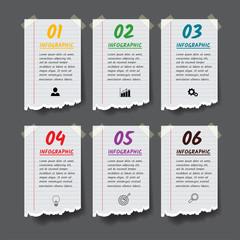 Infographics design template, torn paper style banner 6 steps or options, can be used for workflow layout, diagram, annual report, web design. Creative banner,label vector.