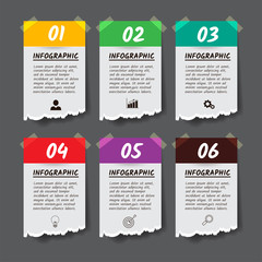 Infographics design template, torn paper style banner 6 steps or options, can be used for workflow layout, diagram, annual report, web design. Creative banner,label vector.