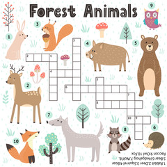 Crossword game for kids with cute forest animals