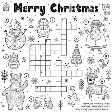 Merry Christmas crossword game for kids. Black and white educational activity page for coloring