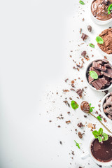 Different conditions of cocoa. Various cocoa - beans, beans, ground, crushed cocoa powder, chocolate paste, chocolate pieces and hot chocolate in a cup. In small bowls, white background above