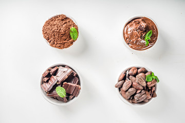 Fototapeta na wymiar Different conditions of cocoa. Various cocoa - beans, beans, ground, crushed cocoa powder, chocolate paste, chocolate pieces and hot chocolate in a cup. In small bowls, white background above