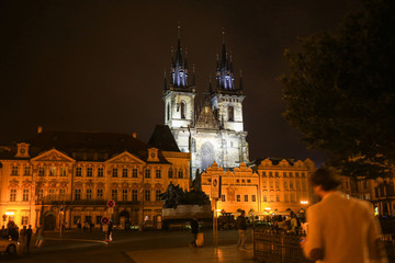 Fototapeta na wymiar Famous Tyn Church in Prague on Old Town Square in the evening light, Czech Republic