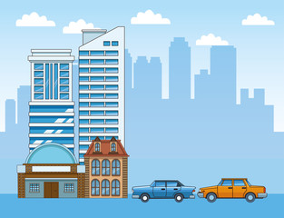 classic cars over city buildings background, colorful design