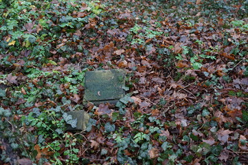 Kleiner, verwitterter jüdischer Grabstein mit deutscher Inschrift auf dem Erdboden