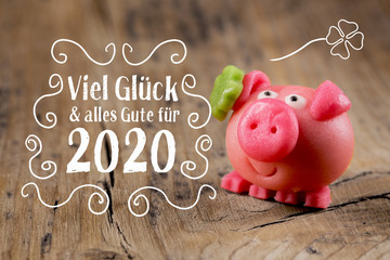 New year card 2020, german language  -  Good luck and best wishes for 2020 -  Marzipan pig on...