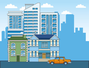 Obraz premium modern and classic buildings and yellow car