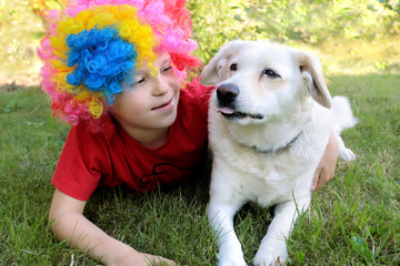 A little boy in a clown wig is lying with a dog on the grass in the summer in nature.