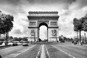 Triumphal Arch, Paris. Black and white vintage filtered image.