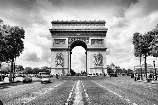 Triumphal Arch, Paris. Black and white vintage filtered image.