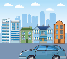 urban city scenery with blue car and buildings, colorful design