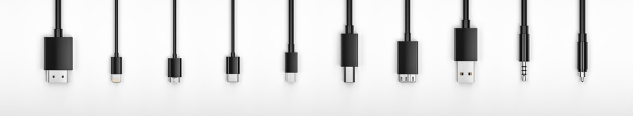 Obraz premium Black Realistic hdmi , 8-pin, micro usb, usb, Type C, type B mini jack 3.5, cable on White Background. 3d rendering