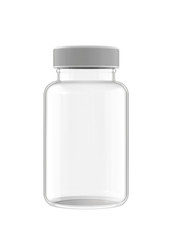 Empty Transparent Plastic Bottle for Pills Packing. 3D Render Isolated on White Background.
