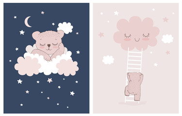 Netter kleiner Bär, der auf einer weißen flauschigen Wolke schläft. Einfache Kindergarten-Vektor-Illustrationen mit Baby-Bären, Sternen und Wolken. Kleiner Bär klettert die Leiter zum lächelnden Cloud.Baby Girl Room Decoration.