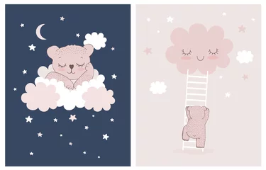 Fotobehang Wolken Schattige kleine beer slapen op een witte pluizige wolk. Eenvoudige kwekerij vectorillustraties met Baby Bear, sterren en wolken. Kleine beer die de ladder beklimt naar de lachende wolk. Baby meisje kamerdecoratie.