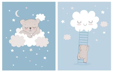 Plexiglas keuken achterwand Wolken Schattige kleine beer slapen op een witte pluizige wolk. Eenvoudige kwekerij vectorillustraties met Baby Bear, sterren en wolken. Kleine beer beklimt de ladder naar de lachende wolk. Baby Boy kamer decoratie.