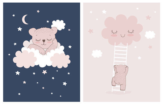 Cute Little Bear Sleeping On A White Fluffy Cloud. Simple Nursery Vector Illustrations With Baby Bear, Stars And Clouds. Little Bear Climbing The Ladder To The Smiling Cloud.Baby Girl Room Decoration.