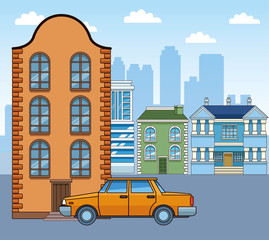 Fototapeta na wymiar classic building and orange car over urban city background