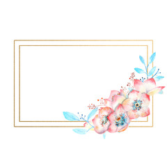 Pink hellebore flowers in rectangular Golden shape on white isolated background. Watercolor compositions for decoration of greeting cards or invitations.