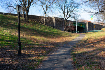 Riverside Park on the Upper West Side of New York City during Autumn with a Trail leading to a Tunnel