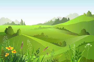 Obraz premium Summer abstract landscape with green fields, trees, meadow hearts Beautiful rural nature. Vector Illustration.