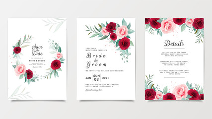 Wedding invitation card template set with flowers decoration. Burgundy and peach roses botanic illustration for save the date, greeting, poster, cover vector