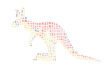 Cute mosaic pink kangaroo from multicolored squares on white background.