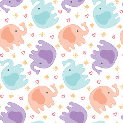 seamless repeat pattern with cute elephants, hearts and flowers