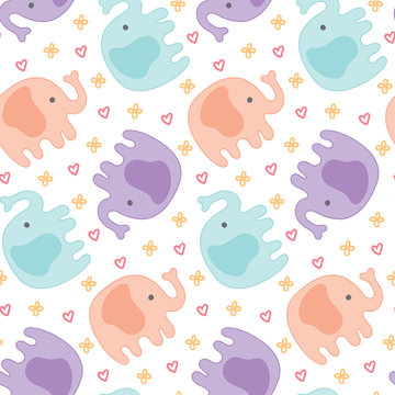 seamless repeat pattern with cute elephants, hearts and flowers