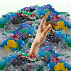 Concept of ecology disaster, environmental pollution, garbage. Stop plastic. Negative space to insert your text or ad. Modern design. Contemporary colorful and bright art collage. Unusual look.