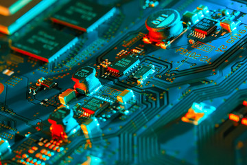 Electronic circuit board close up.
