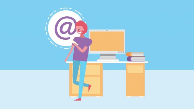 young man with desktop character