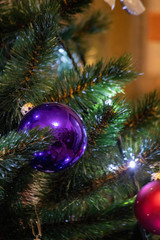 Artificial Christmas tree branch with a Christmas round toy close-up.