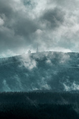 Misty landscape with fir forest in hipster vintage retro style. Forest Harz Mountains, National Park Harz in Germany