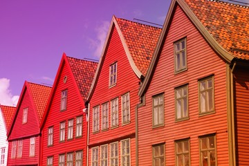 Bergen, Norway - Bryggen Street. Filtered color tone.
