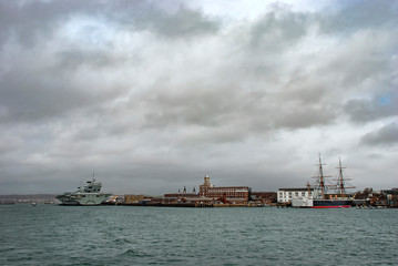 Panoramic view of Portsmouth Harbour in Hampshire, UK