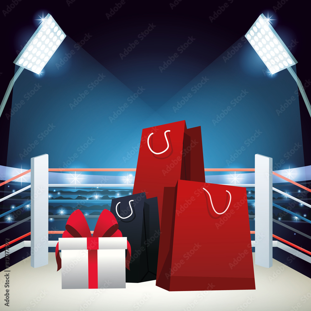 Wall mural boxing sale colorful design with shopping bags and gift box over boxing ring background