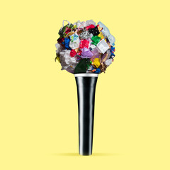 Concept of ecology disaster, environmental pollution, garbage. Stop plastic. Negative space to insert your text or ad. Modern design. Contemporary colorful and bright art collage. Unusual look.
