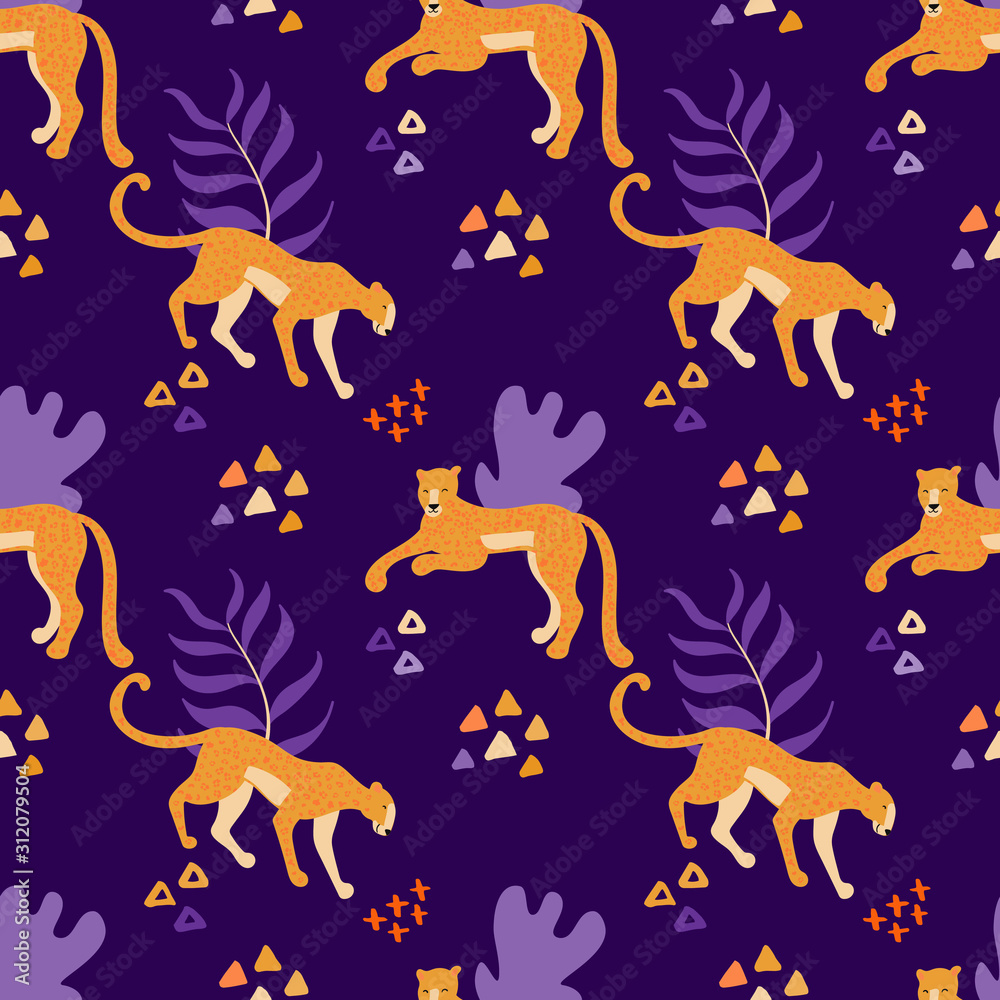 Poster jaguars. vector hand drawn seamless pattern with leopards. ornament with predators. wild cats backgr