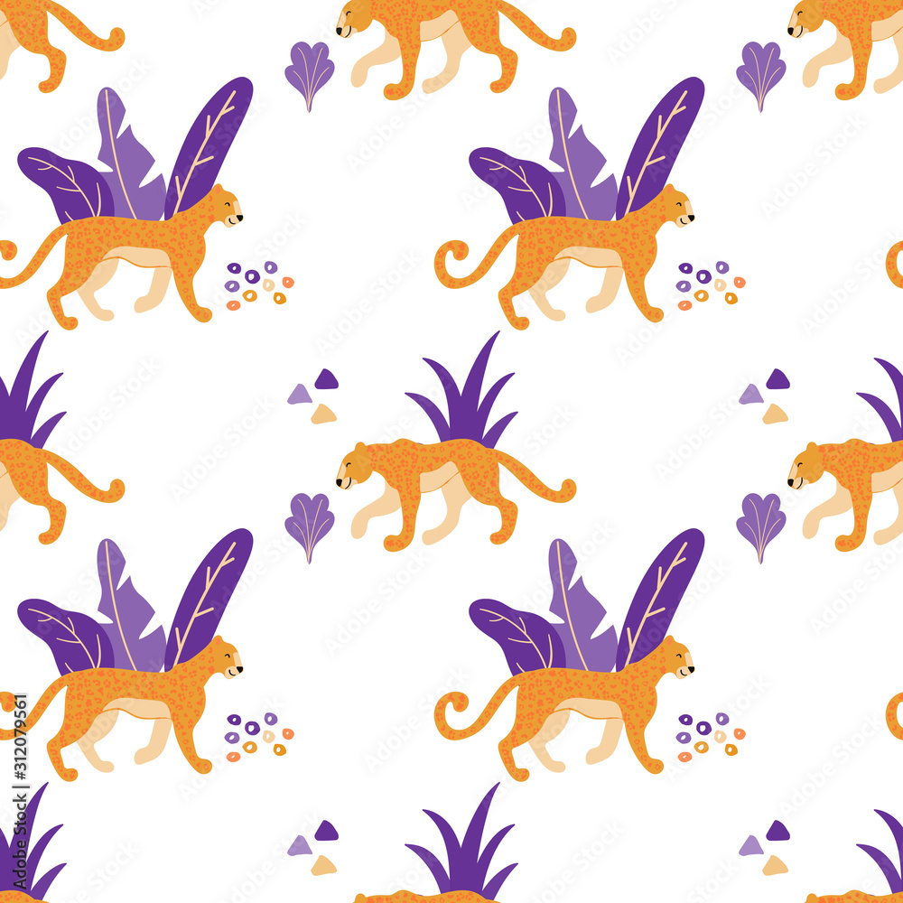 Poster jaguars. vector hand drawn seamless pattern with leopards. ornament with predators. wild cats backgr