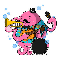 Funny eight-handed Octopus playing music, wearing classical Jazz musician clothes, playing guitars, saxophone, maracas, and drums together Cartoon Vector