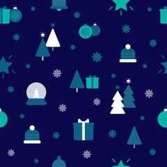 Fototapeta na wymiar Christmas, winter and New year seamless repeating pattern for wrapping paper with trees, gifts, beanie, snow globe, snowflakes, stars.