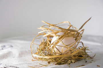 The natural white egg is hidden in soft straw stalks. Non-standard composition. Concept of expectation of offspring. Copy space.