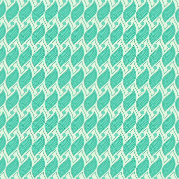 On a light green background, green abstract figures in the form of leaves.