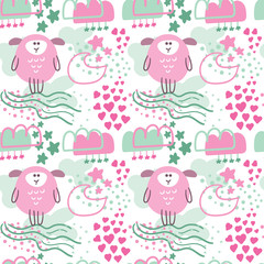 seamless repeat pattern with sheeps, hearts, stars, moons and clouds