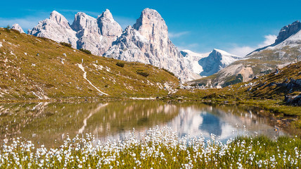Fototapeta na wymiar Amazing Nature Landscape. Alpine lake with crystal clear water and frash grass and flowers. Perfect Blue sky and mountains peaks. Incredible view of Dolomites Alps. Tre Cime di Lavaredo National park.