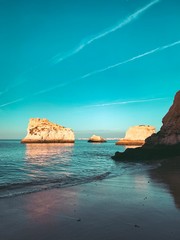 One of the must visit spot at the famous coastline with rocks and beautiful beaches at sunset light Praia da Marinha, Famous Beach, Algarve Coast, Lagoa, Portimao in South Portugal, Atlantic Ocean